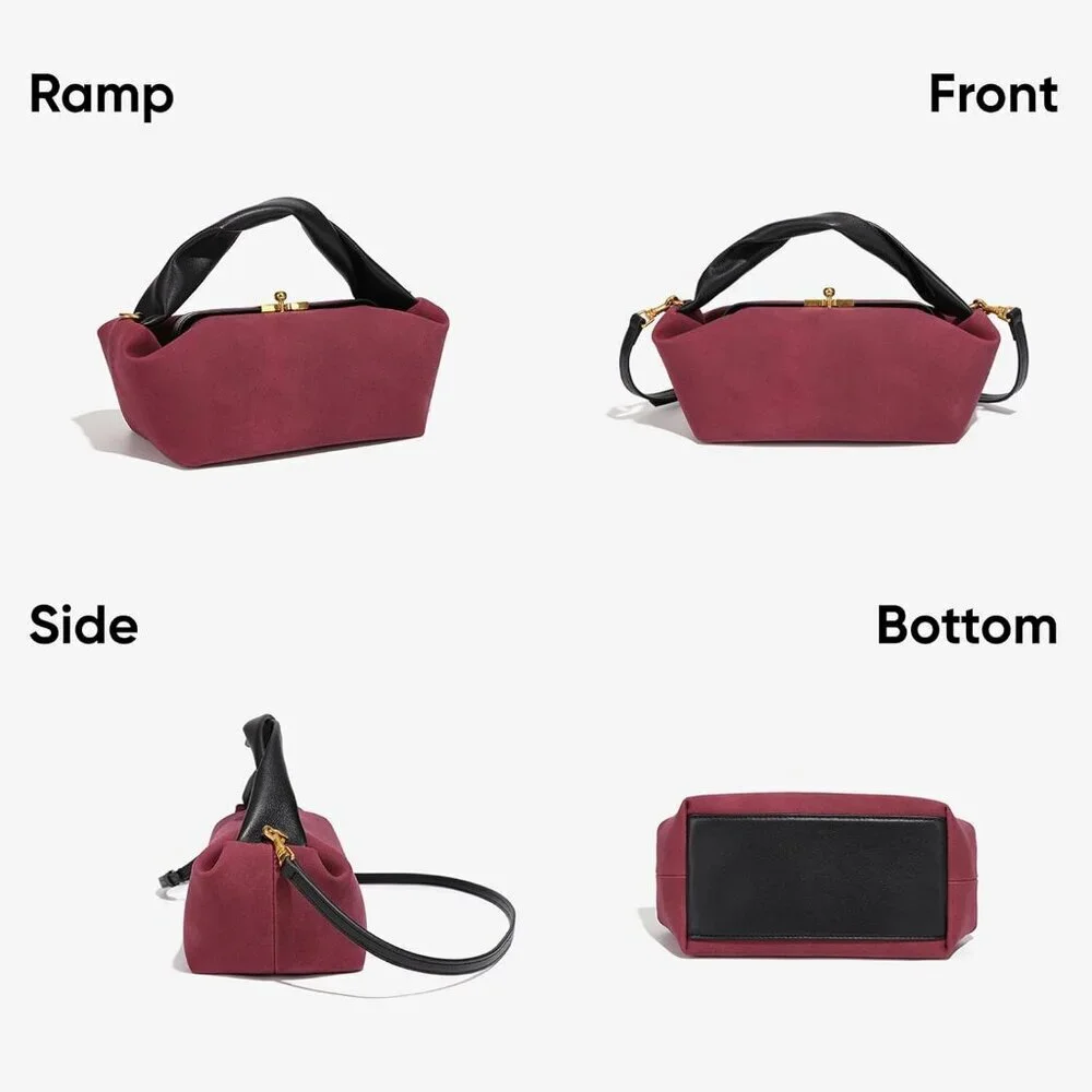 Women's Wine Red Faux Suede Vintage Slouchy Soft Satchel Kiss Lock Hobo Handbag